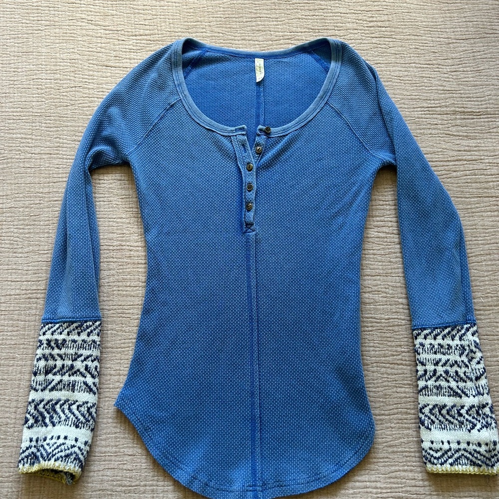 Free People Blue Textured Knit Top